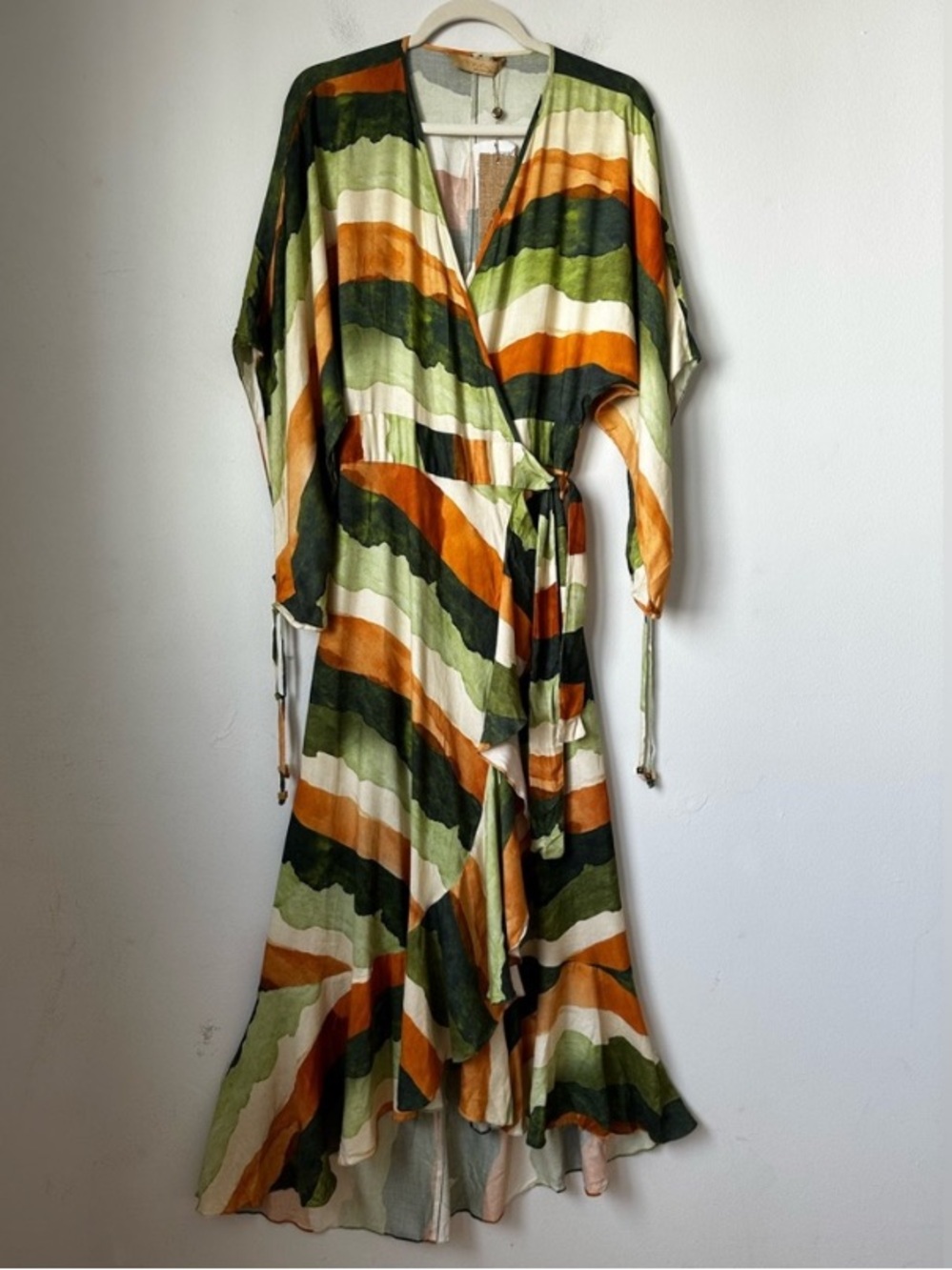 NWT Agua de Coco Farm RIO Striped gradient leaf sunset wrap draped dress S $295